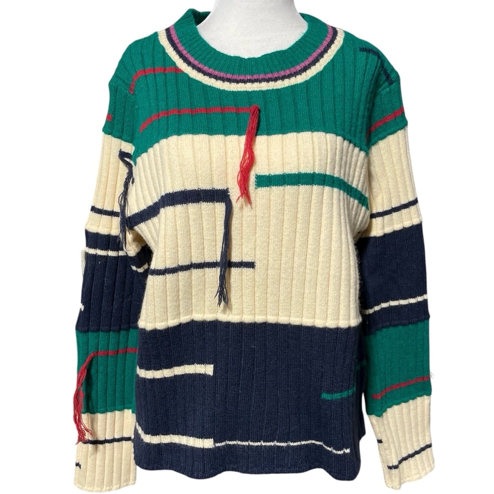AZI Fringe Stripe Ribbed Knit Crewneck Sweater Green Navy Cream Size Large